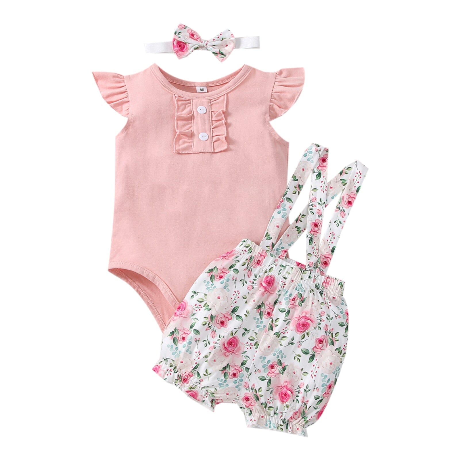 Conjunto Infantil Feminino Florido + Faixa Loja Click Certo Rosa 0-3 Meses 