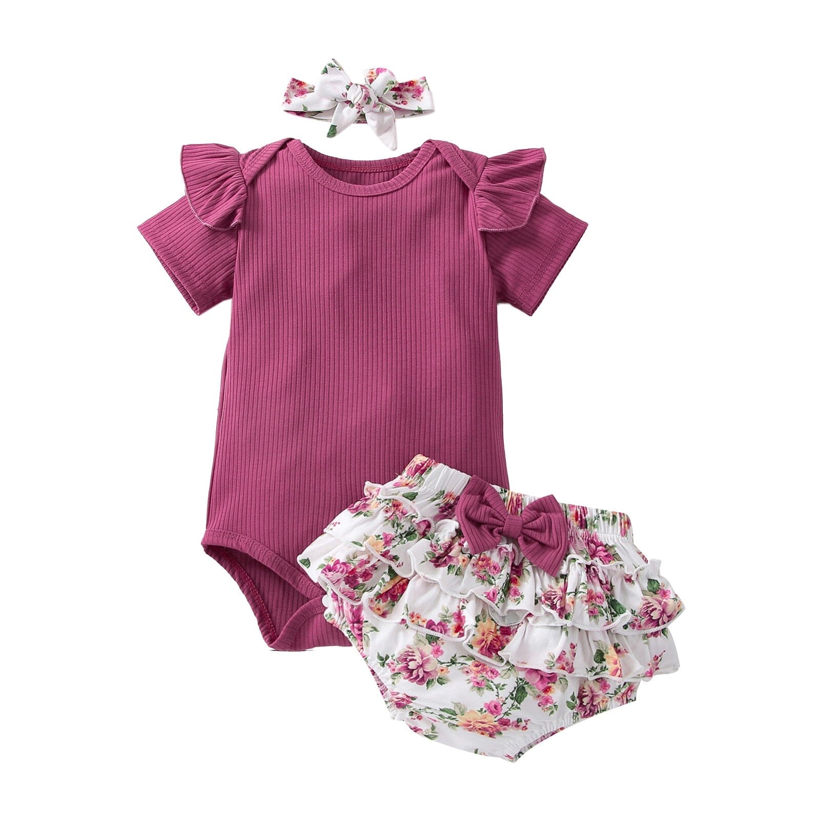 Conjunto Infantil Feminino Florido + Faixa Loja Click Certo Roxo 0-3 Meses 