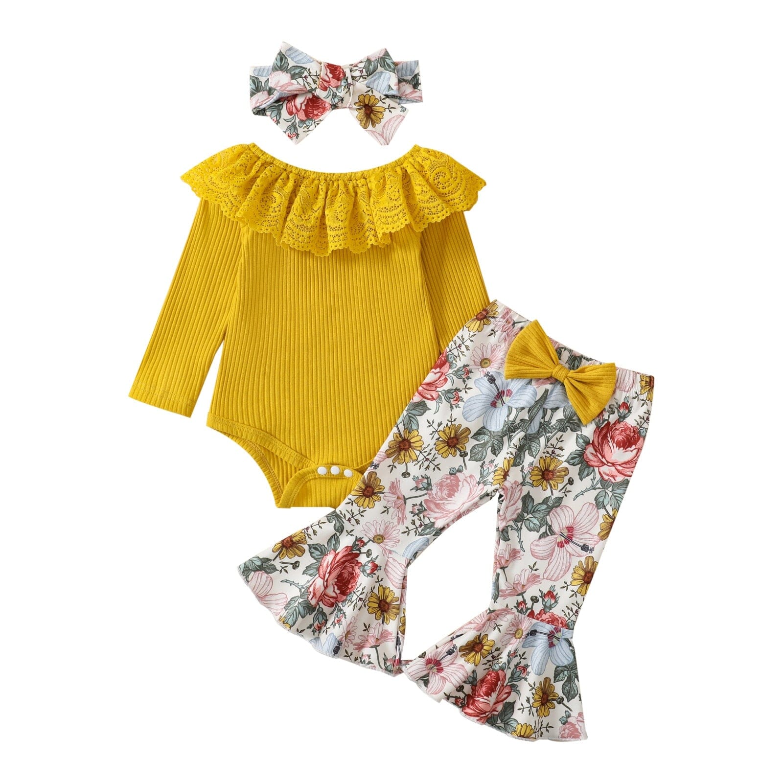 Conjunto Infantil Feminino Flower + Faixa Loja Click Certo Amarelo 0-3 Meses 