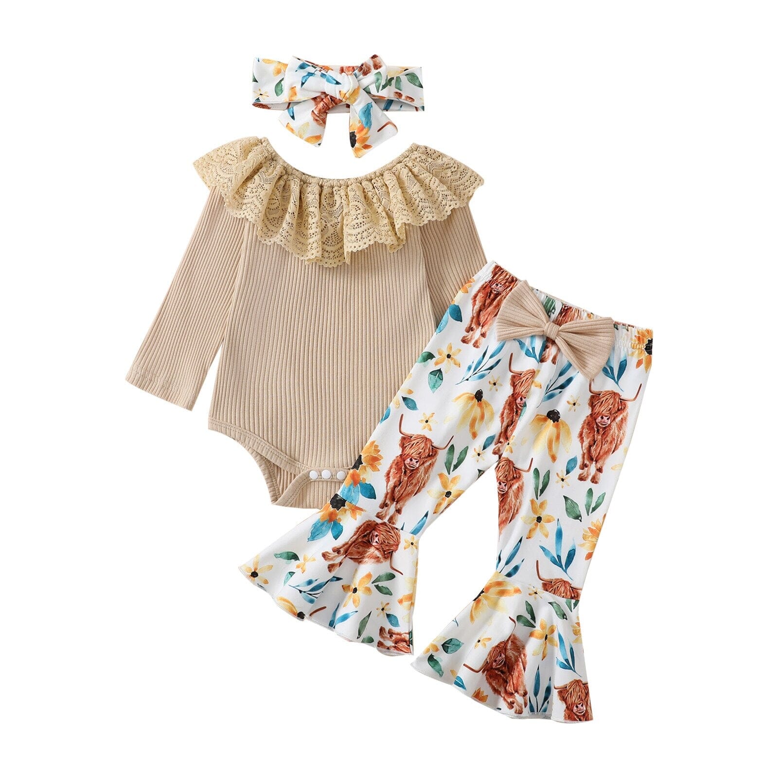 Conjunto Infantil Feminino Flower + Faixa Loja Click Certo Bege 0-3 Meses 