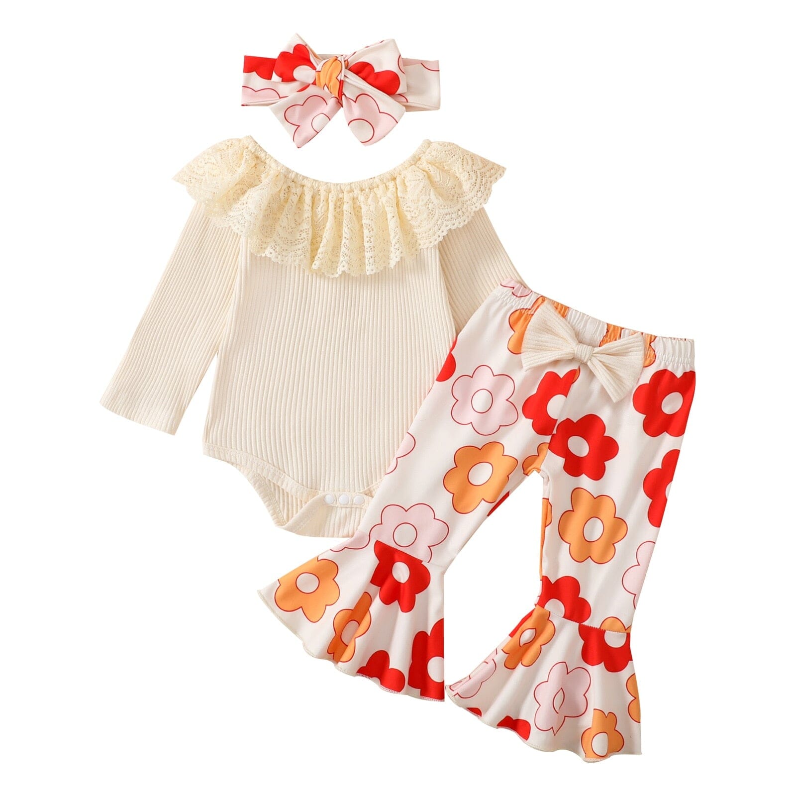 Conjunto Infantil Feminino Flower + Faixa Loja Click Certo Bege Claro 0-3 Meses 