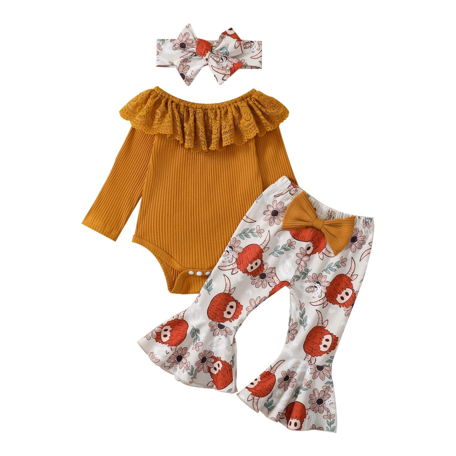 Conjunto Infantil Feminino Flower + Faixa Loja Click Certo Marrom 0-3 Meses 