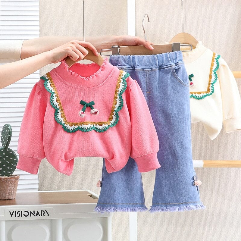 Conjunto Infantil Feminino Laçinho Bordado e Jeans Loja Click Certo 