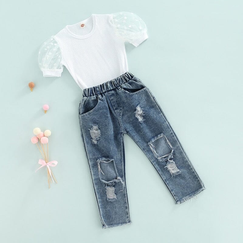 Conjunto Infantil Feminino Manguinha Bufante e Jeans Loja Click Certo 