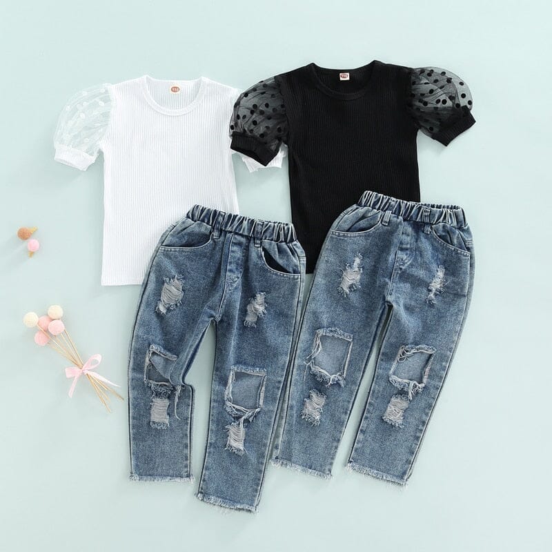 Conjunto Infantil Feminino Manguinha Bufante e Jeans Loja Click Certo 