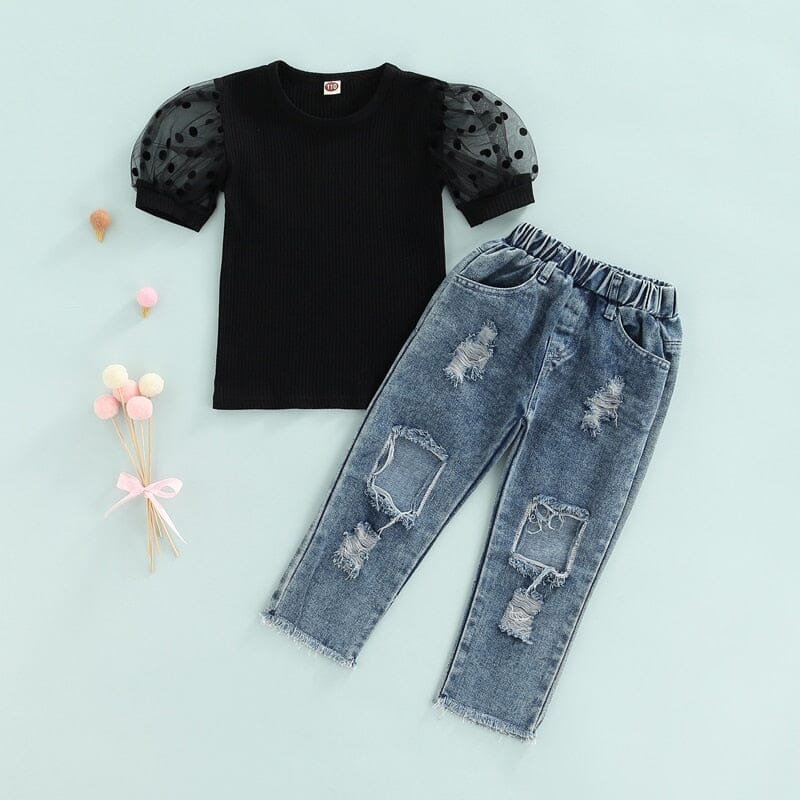 Conjunto Infantil Feminino Manguinha Bufante e Jeans Loja Click Certo 