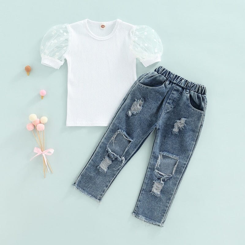 Conjunto Infantil Feminino Manguinha Bufante e Jeans Loja Click Certo 