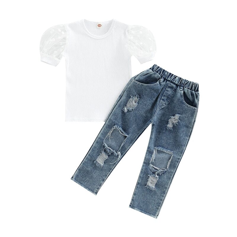 Conjunto Infantil Feminino Manguinha Bufante e Jeans Loja Click Certo Branco 1-2 Anos 