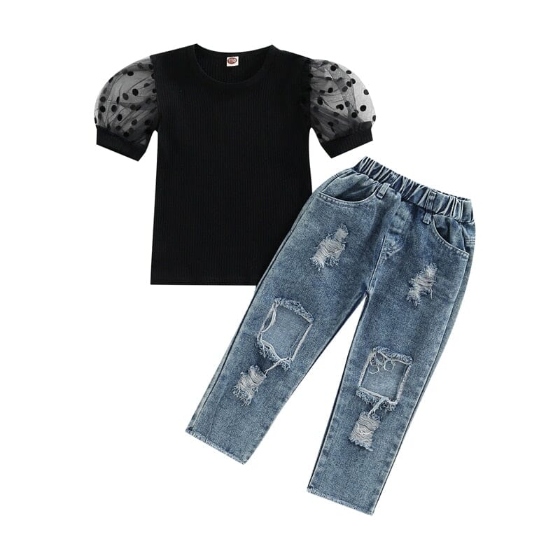 Conjunto Infantil Feminino Manguinha Bufante e Jeans Loja Click Certo Preto 1-2 Anos 