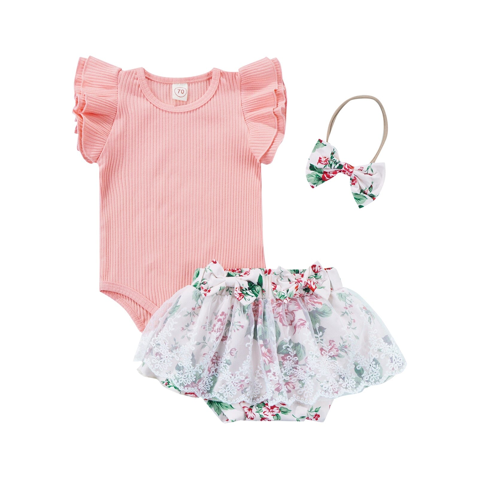 Conjunto Infantil Feminino Sainha Floral + Faixa Loja Click Certo Rosa 0-3 Meses 