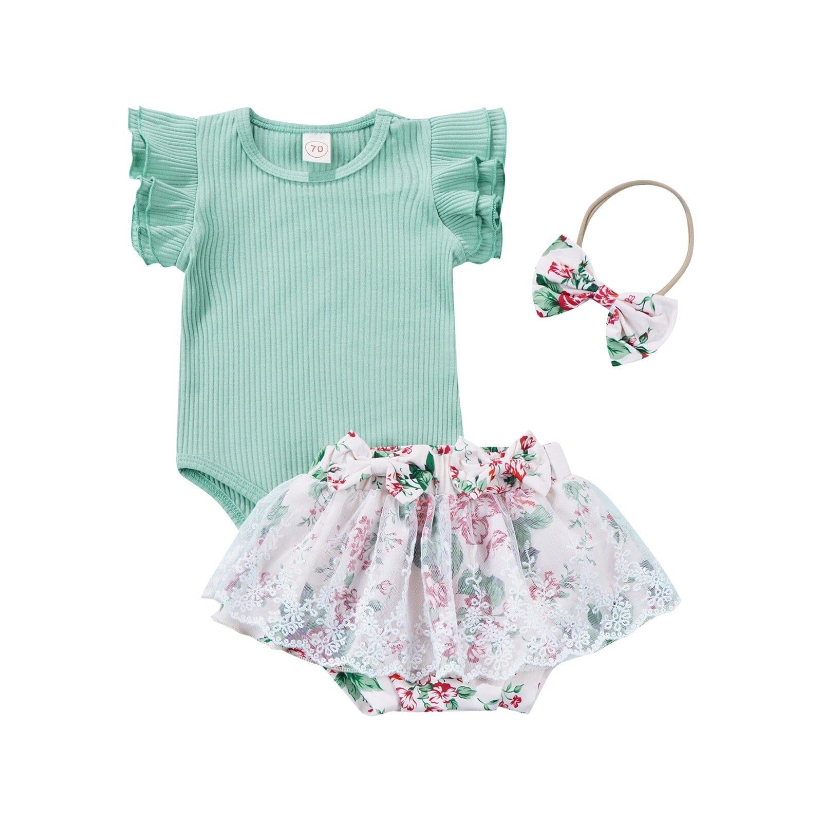 Conjunto Infantil Feminino Sainha Floral + Faixa Loja Click Certo Verde 0-3 Meses 