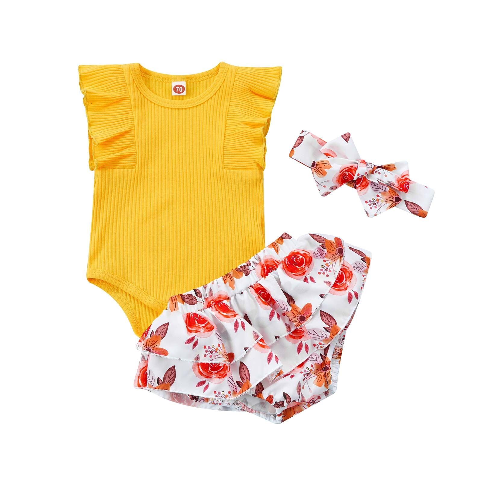 Conjunto Infantil Feminino Sainha Florida + Faixa Loja Click Certo Amarelo 0-3 Meses 