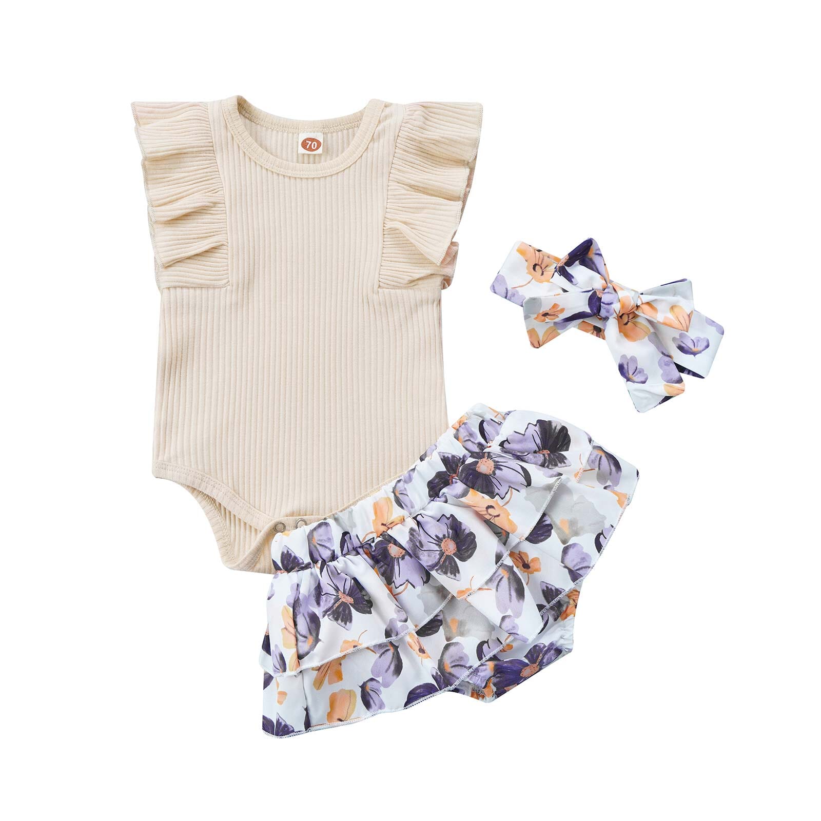 Conjunto Infantil Feminino Sainha Florida + Faixa Loja Click Certo Bege 0-3 Meses 