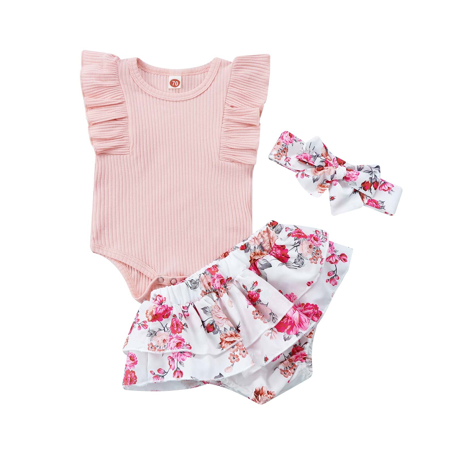 Conjunto Infantil Feminino Sainha Florida + Faixa Loja Click Certo Rosa 0-3 Meses 