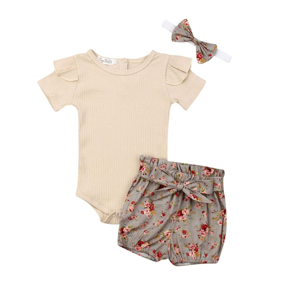 Conjunto Infantil Feminino Shorts Florido + Faixa Loja Click Certo Bege 0-6 Meses 