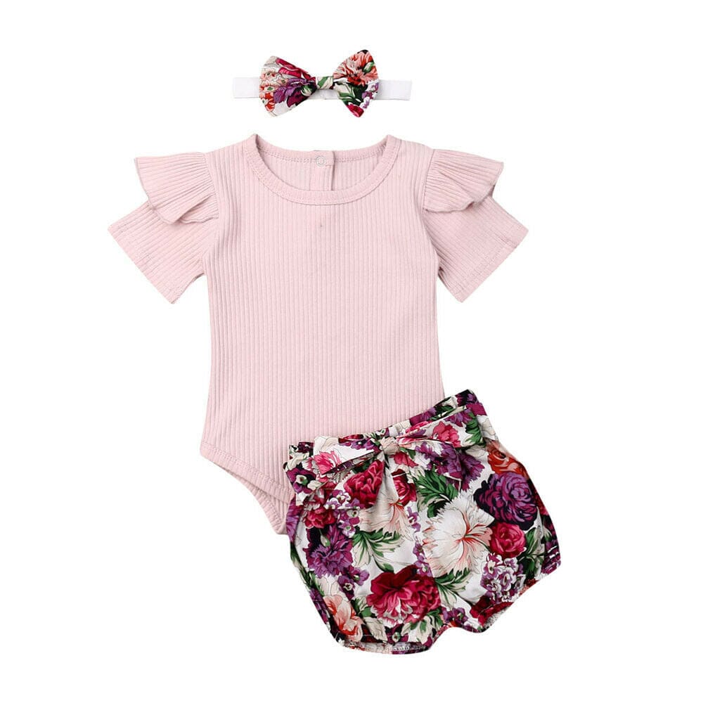 Conjunto Infantil Feminino Shorts Florido + Faixa Loja Click Certo Rosa 0-6 Meses 