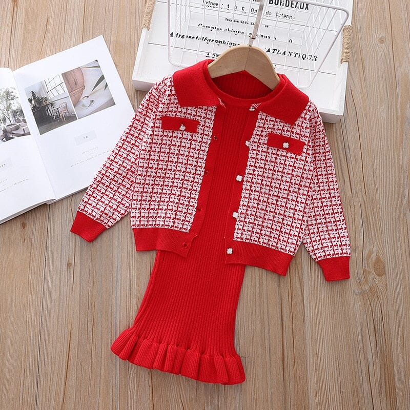 Conjunto Infantil Feminino Vestido e Cardigan Bolsinhos Loja Click Certo Vermelho 1-2 Anos 
