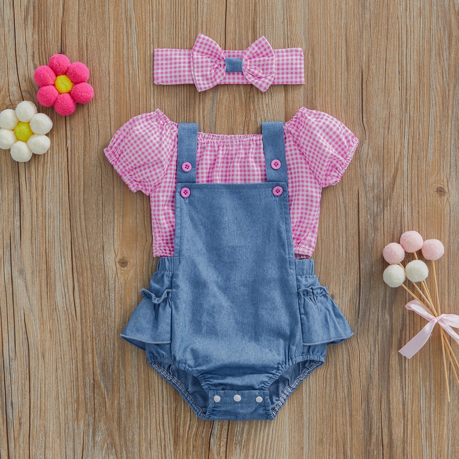 Conjunto Infantil Feminino Xadrez + Lacinho conjunto Loja Click Certo 0-6 meses 