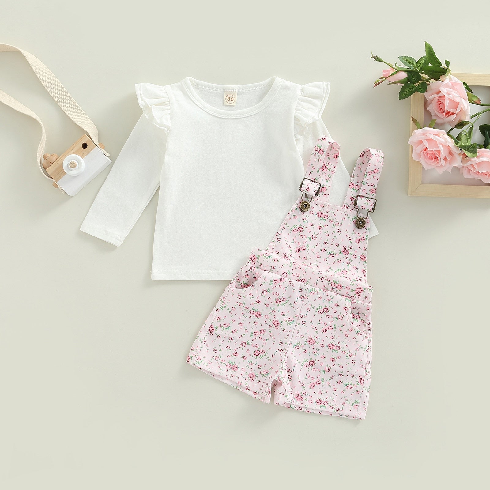 Conjunto Infantil Jardineira e Blusa Flores conjunto Loja Click Certo Rosa 2-3 Anos 
