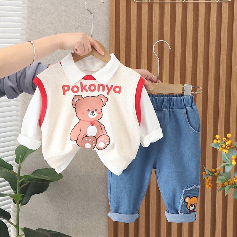 Conjunto Infantil Masculino 3 Peças Colete Ursinho Loja Click Certo Bege 6-12 Meses 