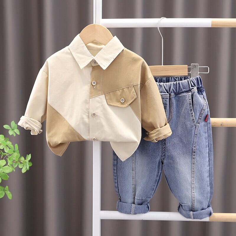 Conjunto Infantil Masculino Camisa Botões e Jeans Loja Click Certo Marrom 6-12 Meses 