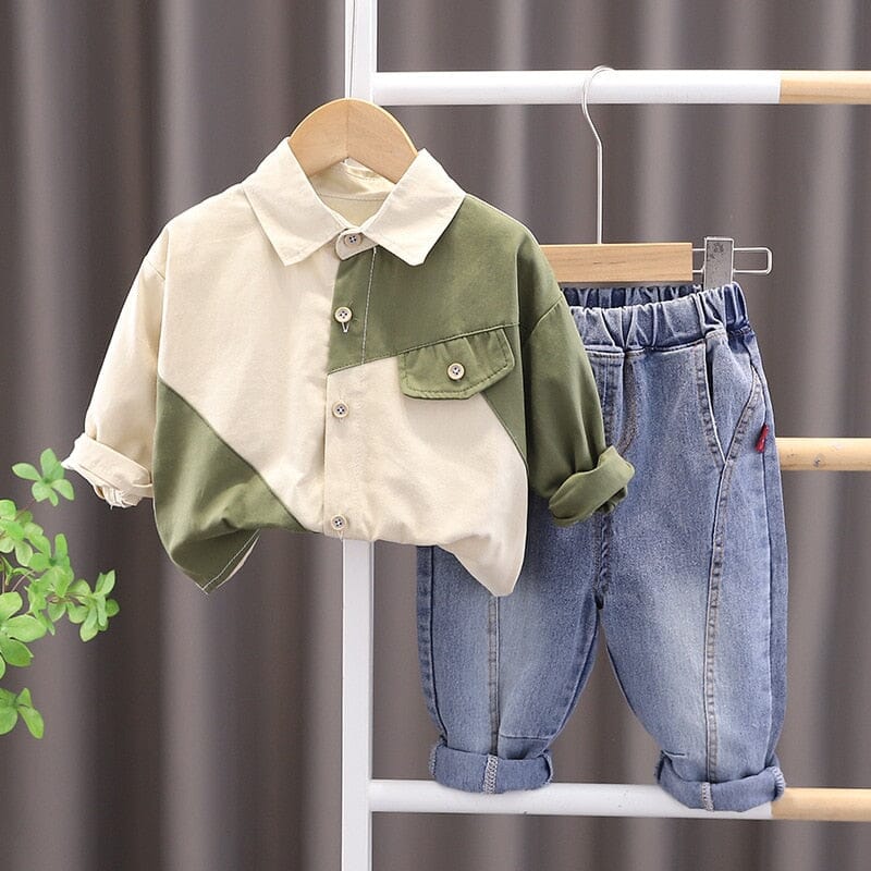 Conjunto Infantil Masculino Camisa Botões e Jeans Loja Click Certo Verde 6-12 Meses 