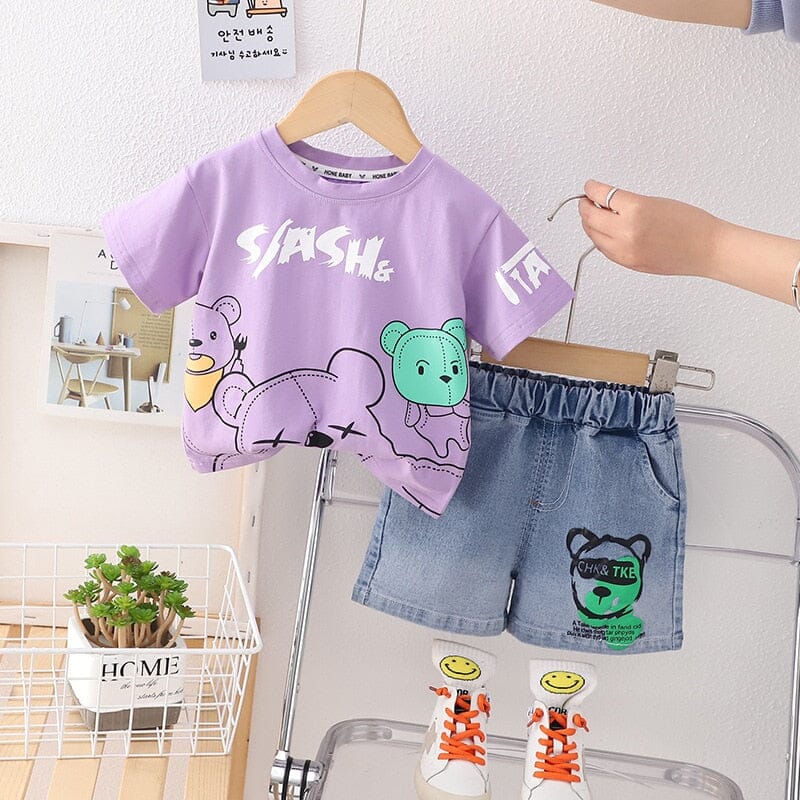 Conjunto Infantil Masculino T- Shirt e Jeans Ursinho Loja Click Certo Roxo 6-12 Meses 
