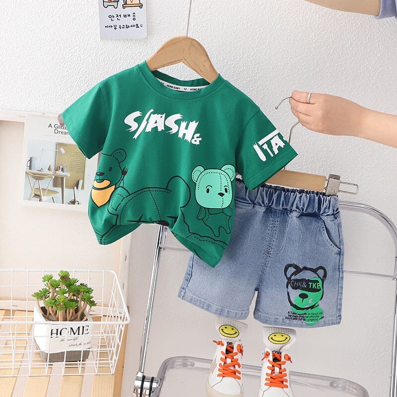 Conjunto Infantil Masculino T- Shirt e Jeans Ursinho Loja Click Certo Verde 6-12 Meses 