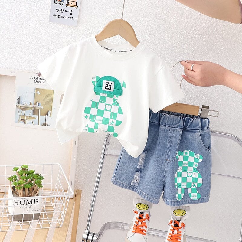 Conjunto Infantil Masculino Ursinho Verde e Jeans Loja Click Certo Branco 6-12 Meses 