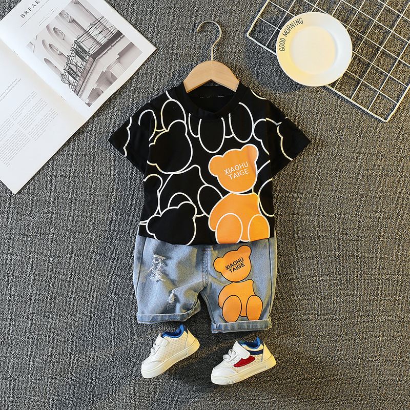 Conjunto Infantil Ursinho e Shorts Jeans Loja Click Certo Preto 6-9 Meses 