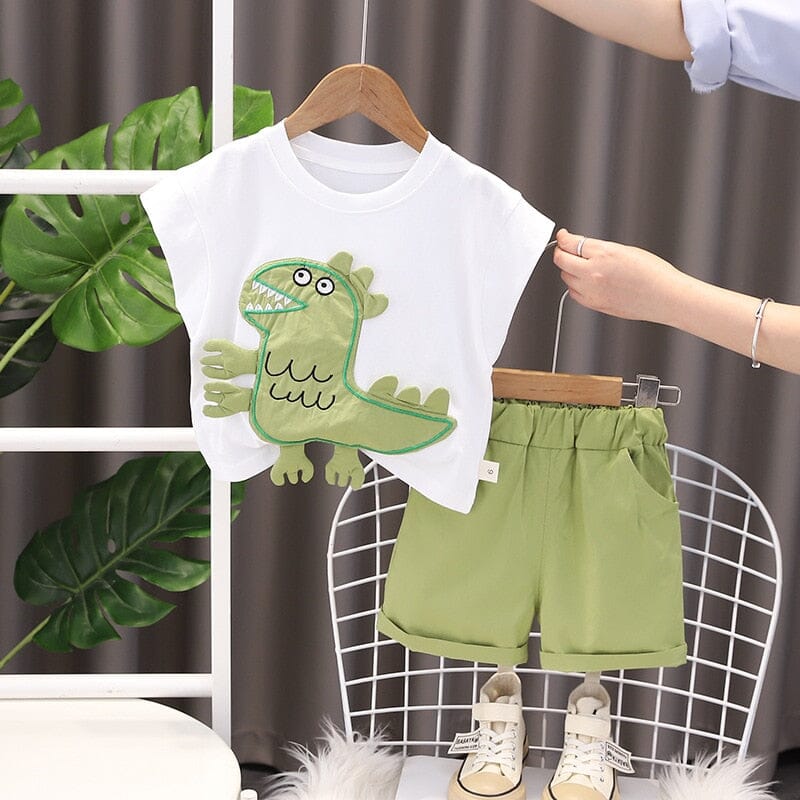 Conjunto Infantil Verão Dinossauro Bolsinho Loja Click Certo Branco 6-9 Meses 