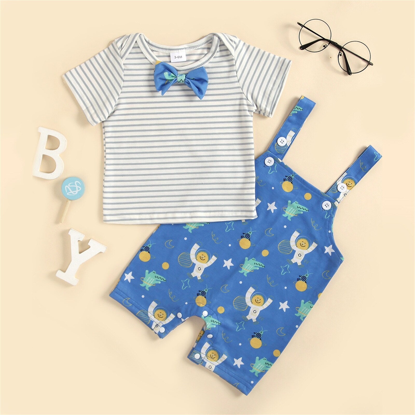 Jardineira Infantil Masculina Listras e Gravatinha conjunto Loja Click Certo Azul 0-3 meses 