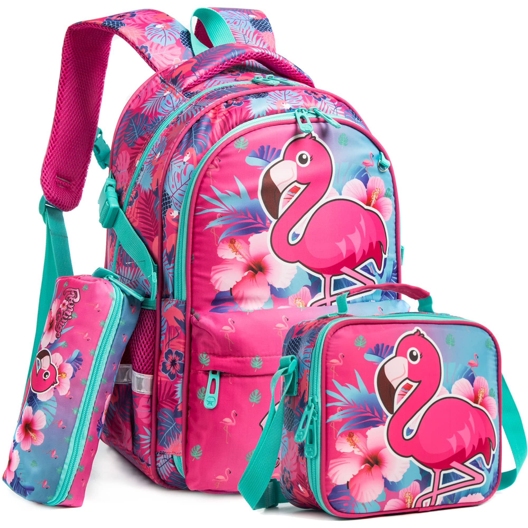 Kit 3 Peças Estampas Animadas Mochila Bolsa e Estojo Loja Click Certo Flamingo 