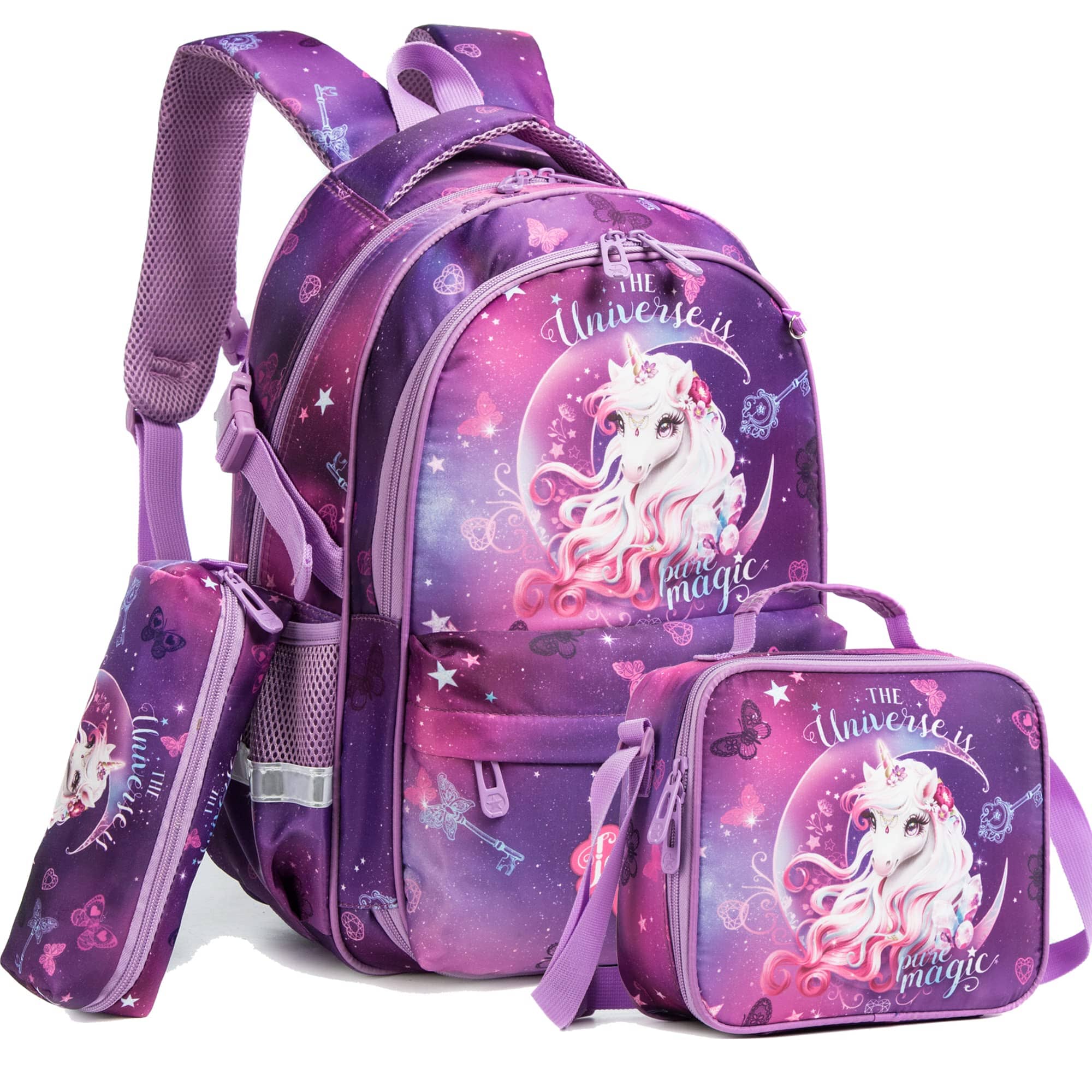 Kit 3 Peças Estampas Animadas Mochila Bolsa e Estojo Loja Click Certo Roxo 