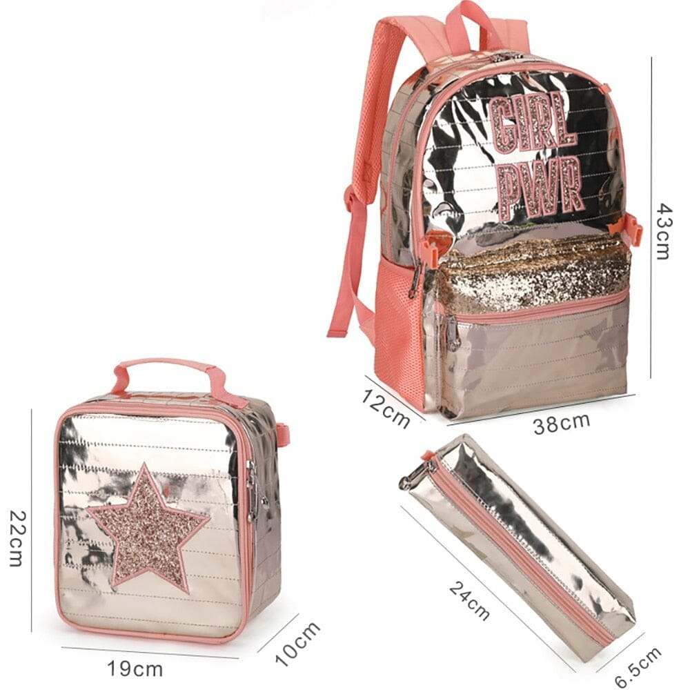 Kit 3 Peças Estampas Brilhosas Mochila Bolsa e Estojo Loja Click Certo 