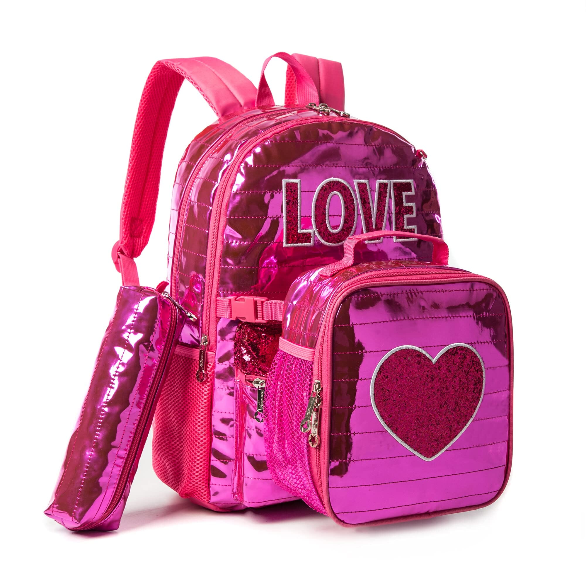 Kit 3 Peças Estampas Brilhosas Mochila Bolsa e Estojo Loja Click Certo Love 