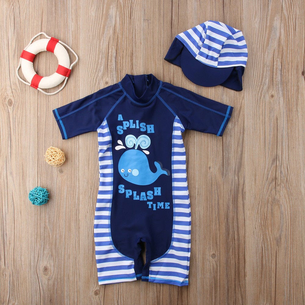 Macaquinho Praia Infantil Masculino Splash + Touca Loja Click Certo Azul 12-18 Meses 