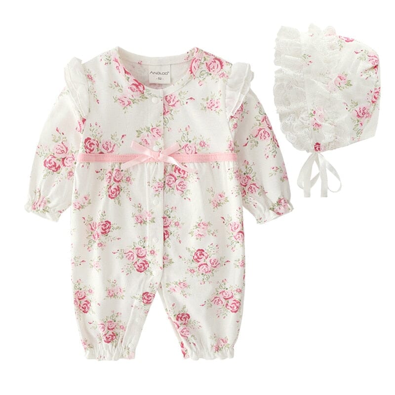 Saída Maternidade Floral + Chapéu Loja Click Certo Branco 0-3 Meses 