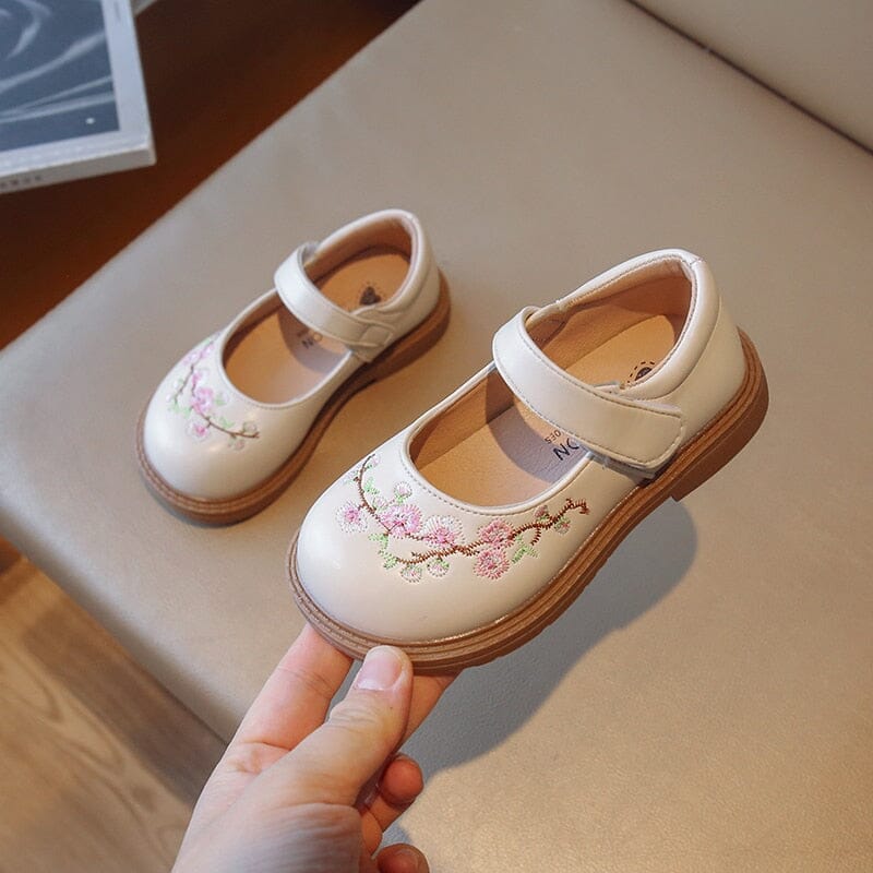 Sapato Infantil Feminino Bordado Floral Velcro Loja Click Certo Bege 12-18 Meses Palmilha 13.5cm 
