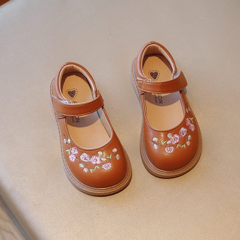 Sapato Infantil Feminino Bordado Floral Velcro Loja Click Certo Marrom 12-18 Meses Palmilha 13.5cm 