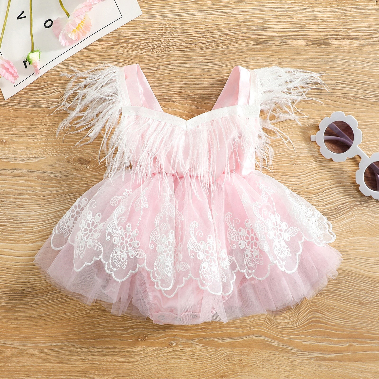 Vestido Body Infantil Bordado e Penas vestido Loja Click Certo Rosa 0-6 meses 35cm 