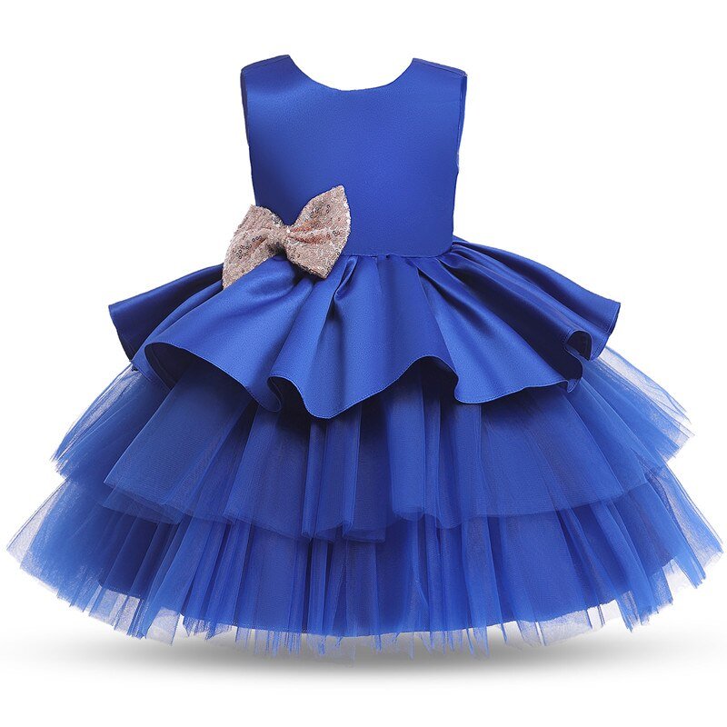 Vestido de Festa Infantil Babados e Laço Dourado vestido de festa Loja Click Certo Azul 3-6 meses 