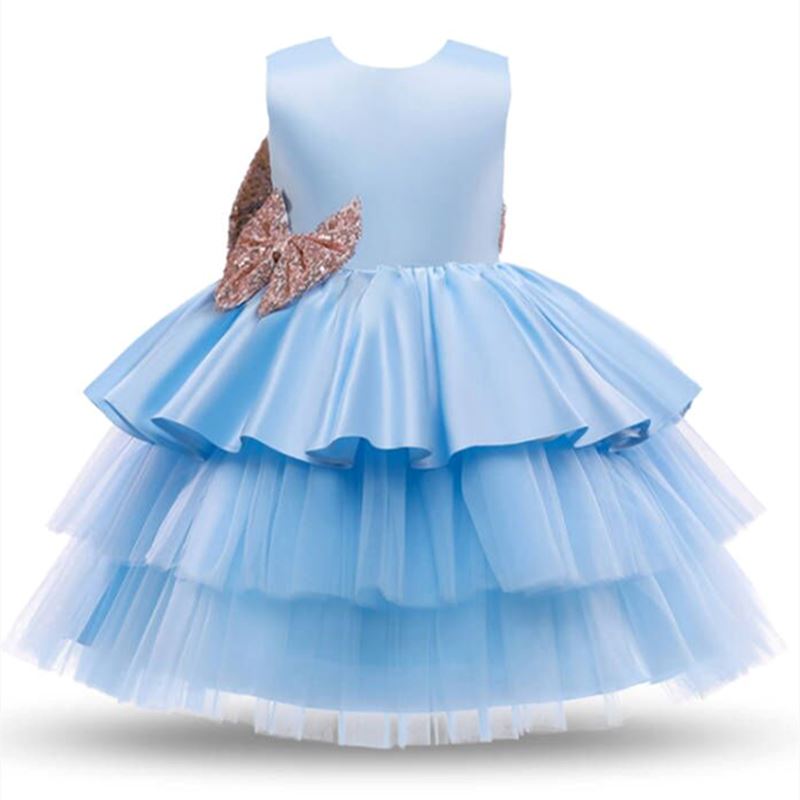 Vestido de Festa Infantil Babados e Laço Dourado vestido de festa Loja Click Certo Azul Claro 3-6 meses 