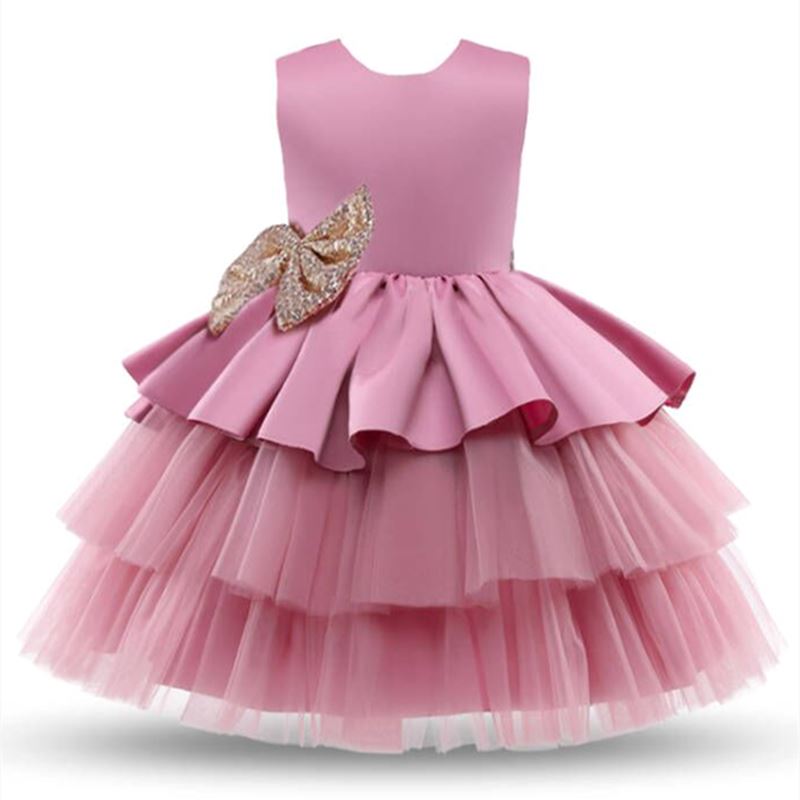 Vestido de Festa Infantil Babados e Laço Dourado vestido de festa Loja Click Certo Rosa 3-6 meses 