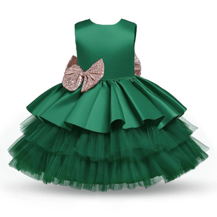 Vestido de Festa Infantil Babados e Laço Dourado vestido de festa Loja Click Certo Verde 3-6 meses 