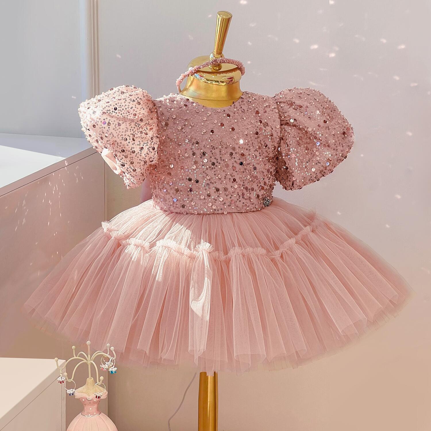 Vestido de Festa Infantil Brilhoso e Laço vestido de festa Loja Click Certo Rosa 6-9 meses 
