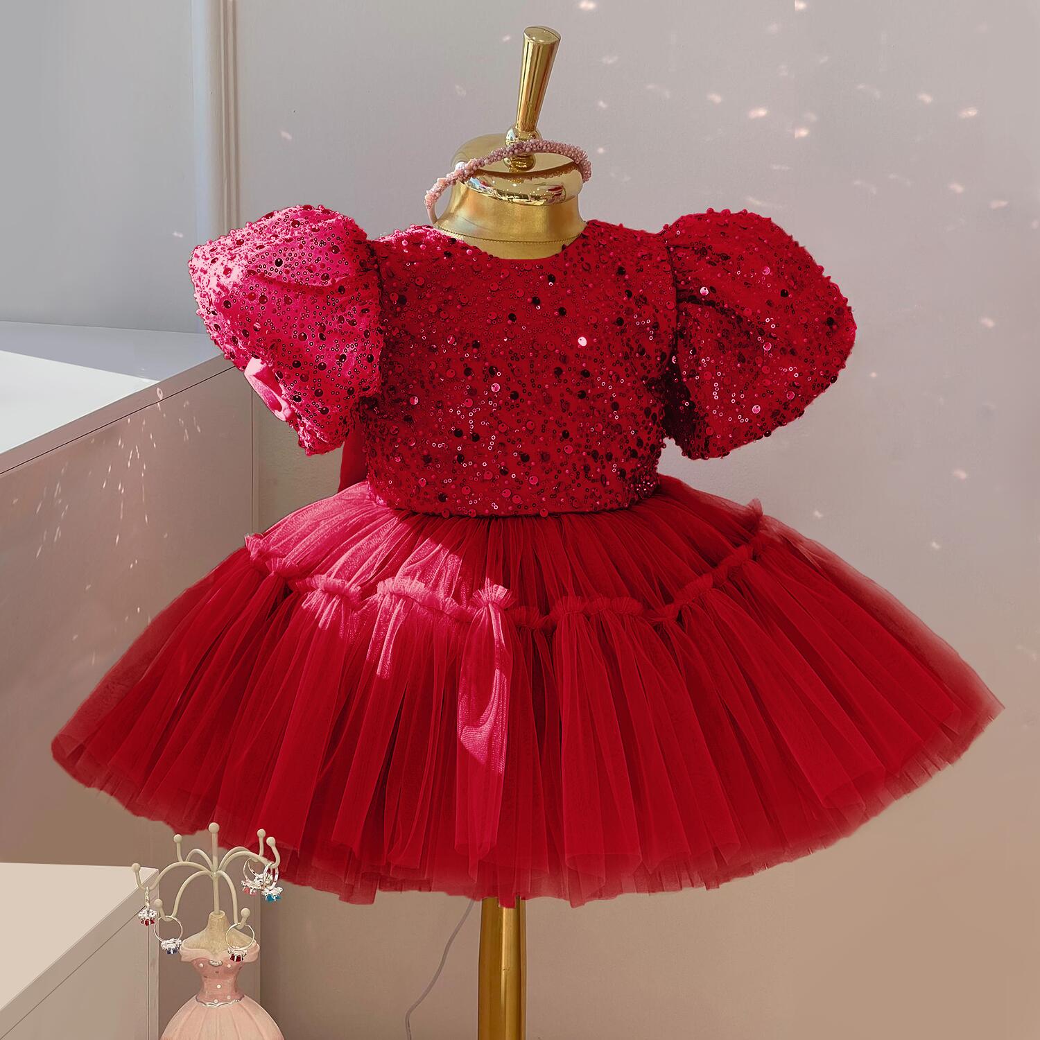 Vestido de Festa Infantil Brilhoso e Laço vestido de festa Loja Click Certo Vermelho 6-9 meses 