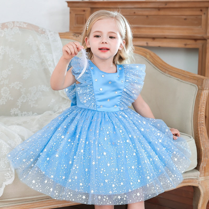 Vestido de Festa Infantil Estrelas vestido de festa Loja Click Certo Azul Claro 9-12 meses 50cm 