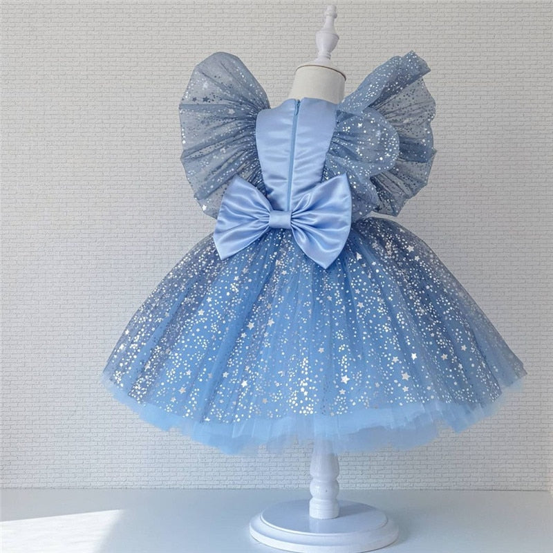Vestido de Festa Infantil Estrelinhas e Laço vestido de festa Loja Click Certo Azul 6-9 meses 