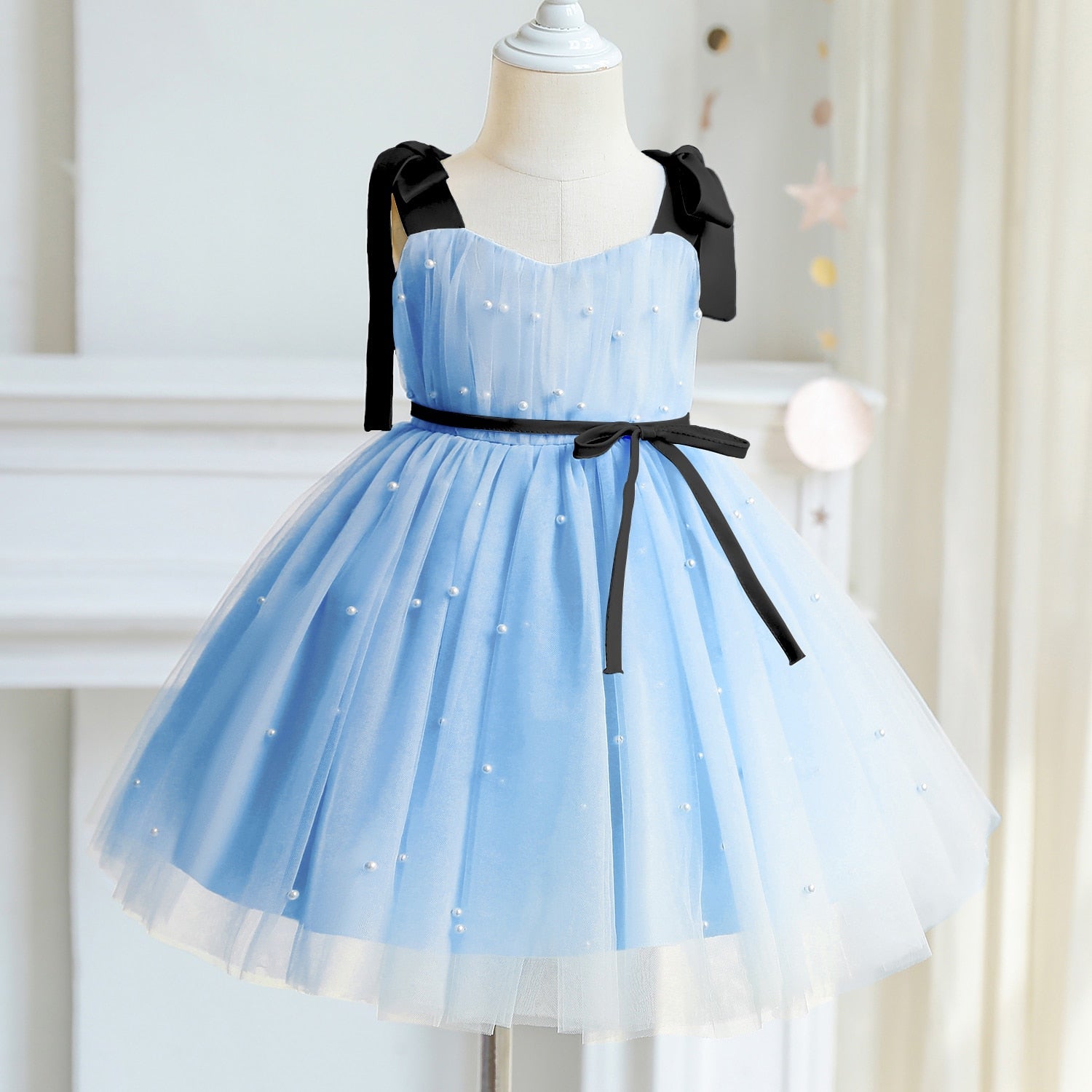 Vestido de Festa Infantil Fitas e Pérola vestido de festa Loja Click Certo Azul 9-12 meses 51cm 